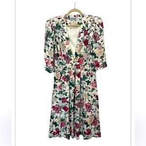 R J Steven’s Vintage RoseBud Pink Green  Puff Shoulder Fit & Flare Dress 12